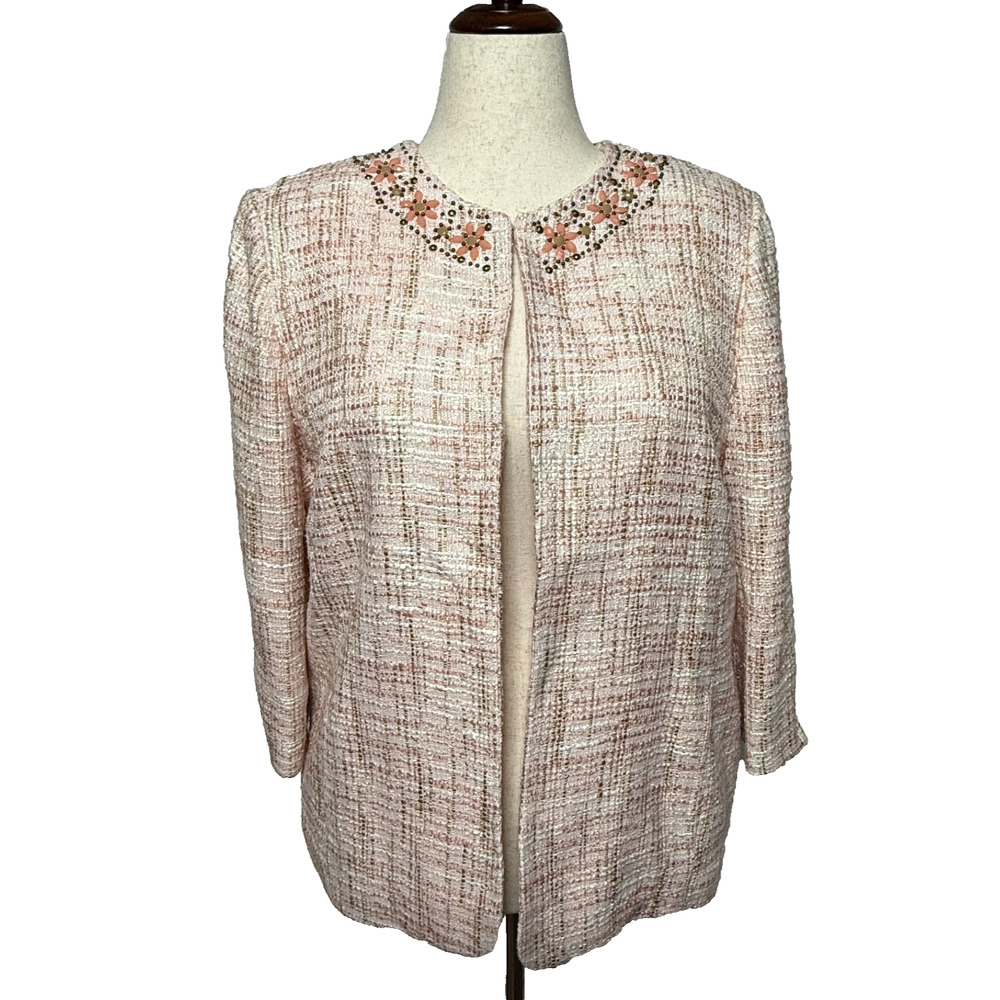 Alfred Dunner Blazer 16 Pink Tweed Beaded 1 Hook & Eye Closure Jacket Old Money